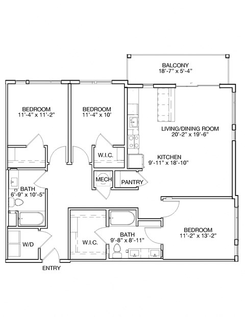 Floor plan for 3 beds, 2 baths, 1412 sqft